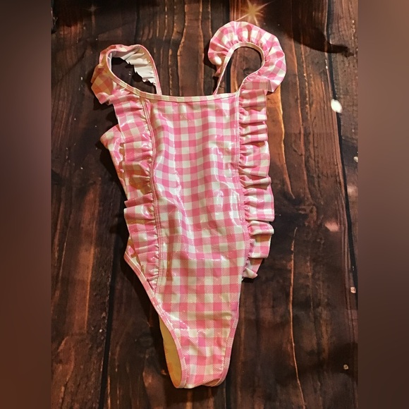 Tommy Bahama Other - Tommy Bahama girls pink white ruffle trim checker one piece swimsuit size 12
